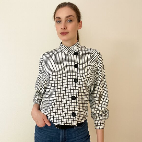 Cabi Checkered Grid Button Front Blouse Top Black White High Neck Asymmetrical M - Picture 1 of 6